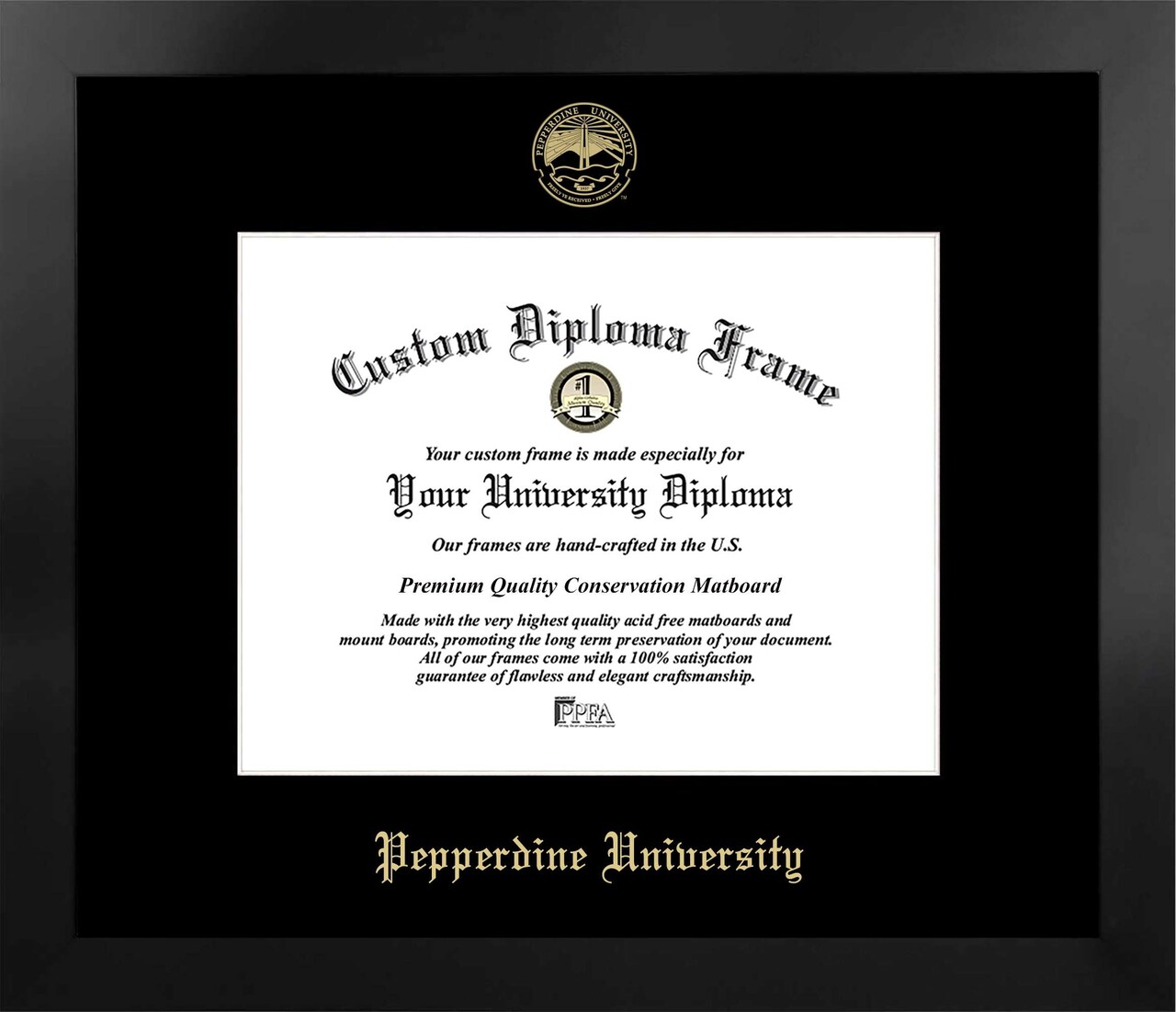 Pepperdine University 11w x 8.5h Manhattan Black Single Mat Gold Embossed Diploma Frame with Bonus Campus Images Lithograph (value savings at $59)